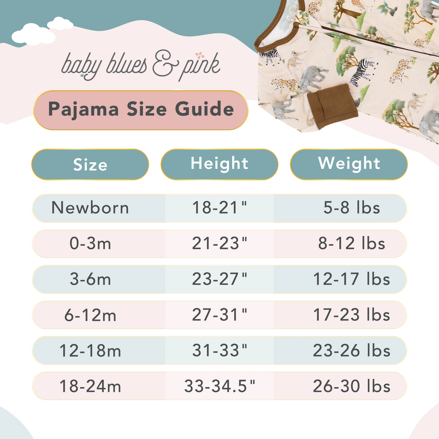 Baby Blues & Pink- "Serengeti Sand Safari" Bamboo Zippered Pajama