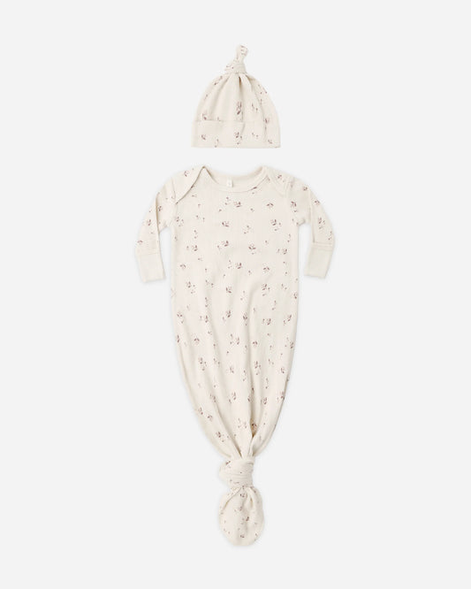 Knotted Baby Gown + Hat Set - Fall Ditsy