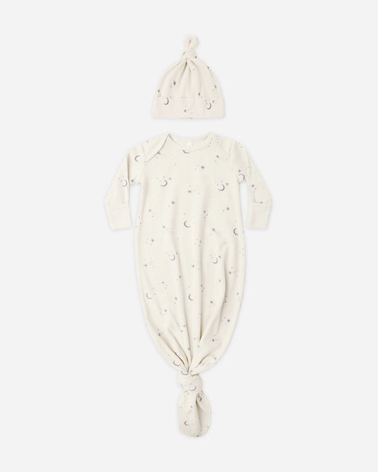 Knotted Baby Gown + Hat Set - Celestial