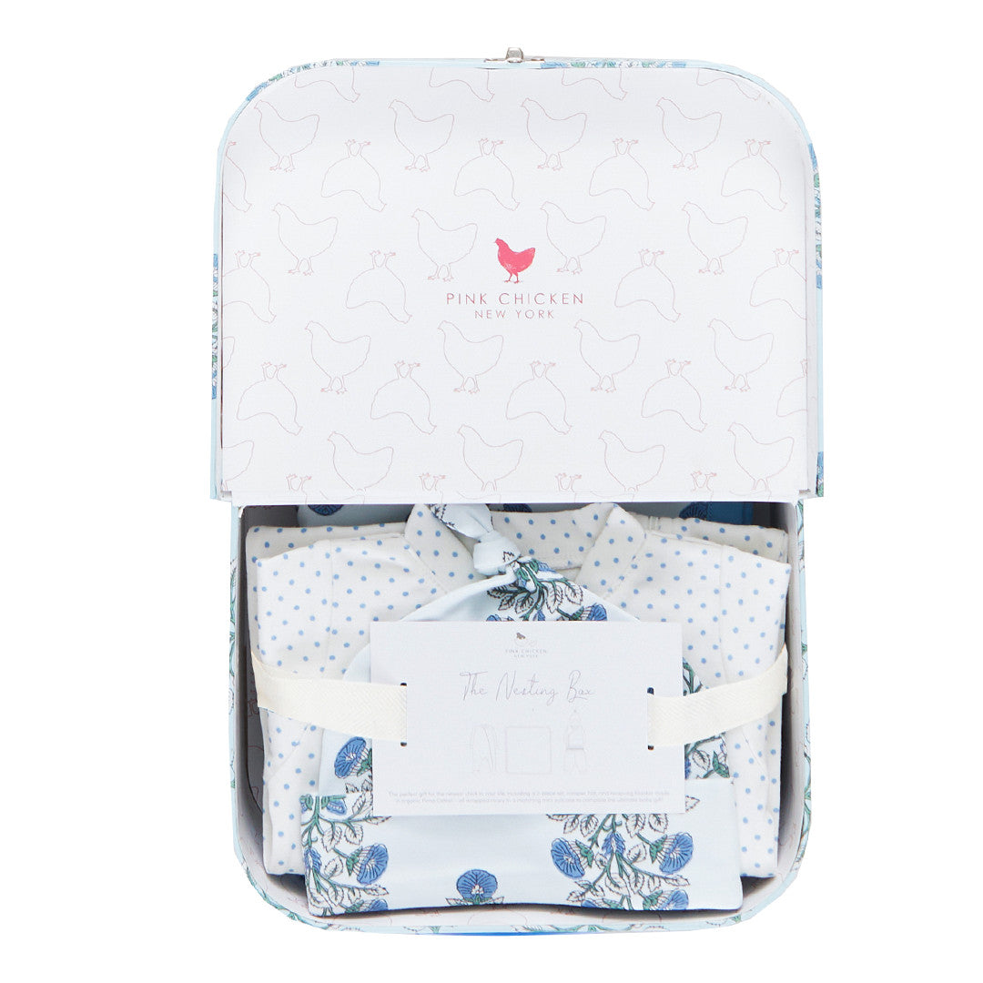 Pink Chicken-Nesting Box - Blue Bouquet Floral Block Print