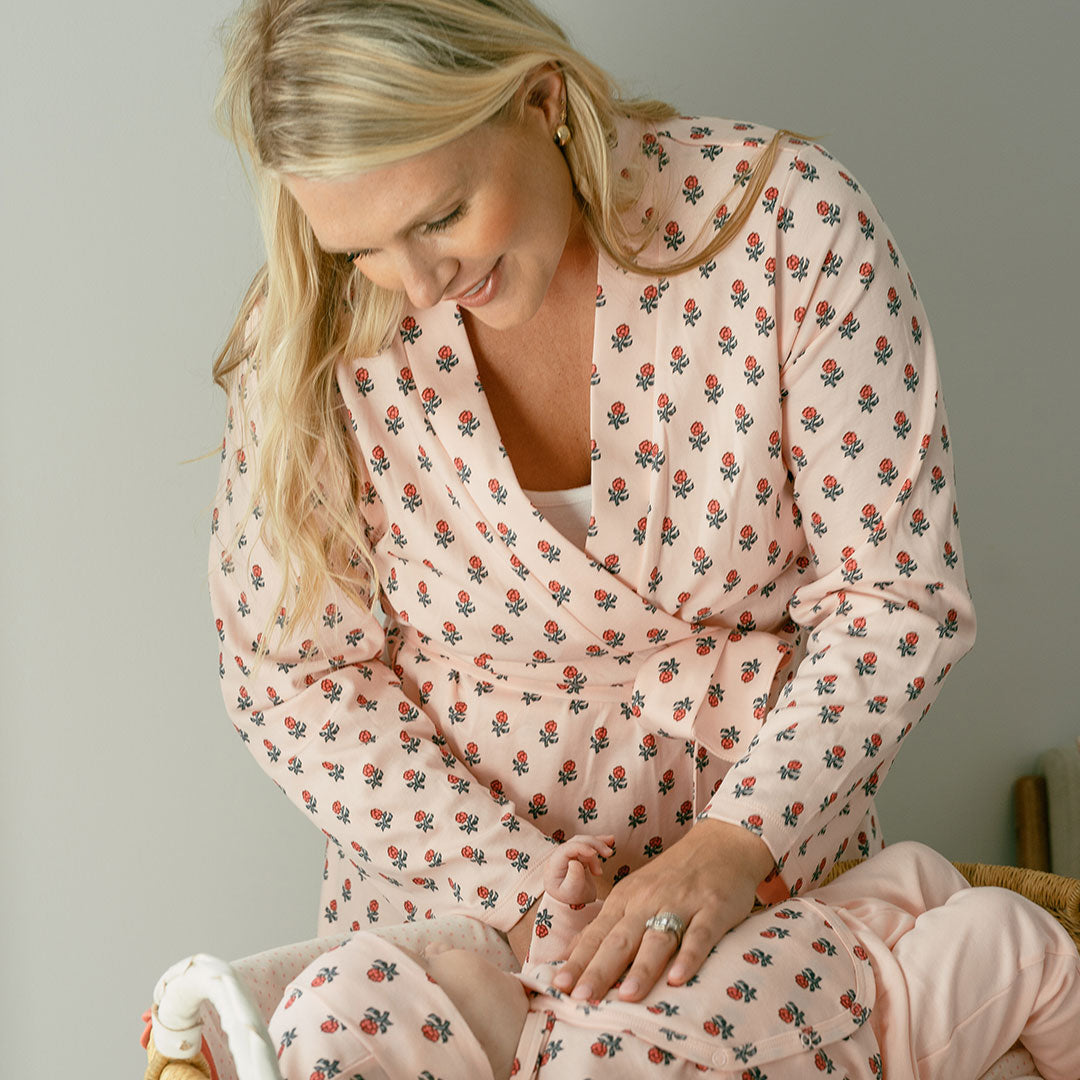 Pink Chicken-Womens Organic Robe - Pink Tiny Flower Block Print