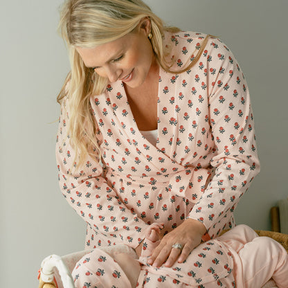 Pink Chicken-Womens Organic Robe - Pink Tiny Flower Block Print