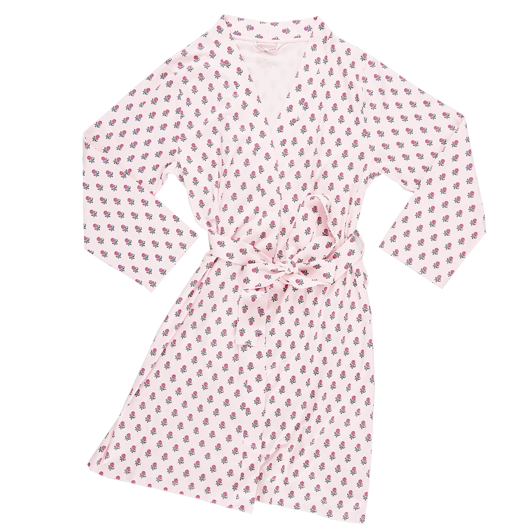 Pink Chicken-Womens Organic Robe - Pink Tiny Flower Block Print