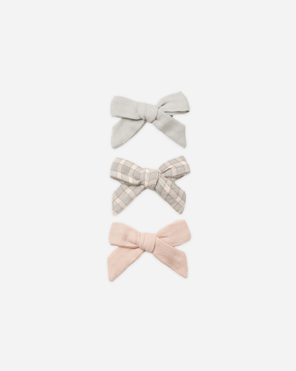 Bow W. Clip, Set Of 3 || Cloud, Blue Gingham, Dusty Rose-OS