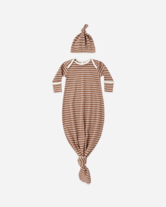 Quincy Mae-Knotted Baby Gown + Hat Cedar Stripe O/S